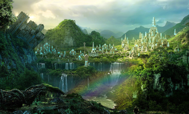 Обои картинки фото видео игры, rise of nations,  rise of legends, город, горы, лес, долина, водопад, радуга