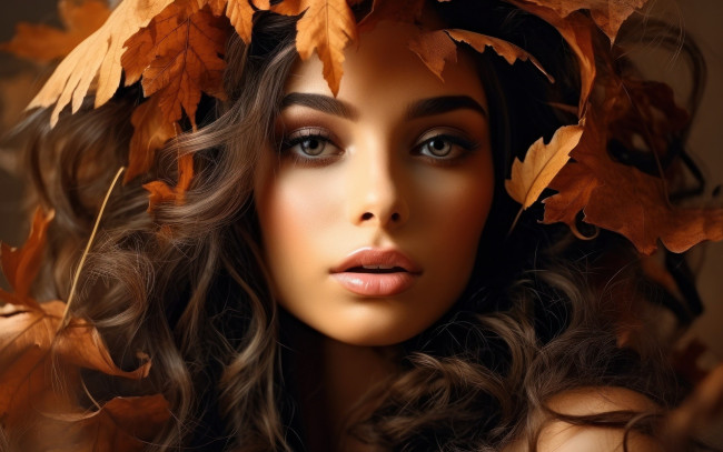 Обои картинки фото 3д графика, портреты и лица , portraits and faсes, листья, портрет, брюнетка