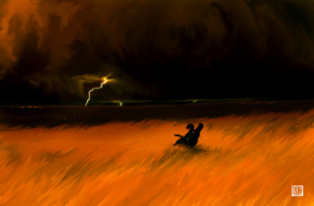 Картинка аниме headphones instrumental гроза парень гитара поле музыка