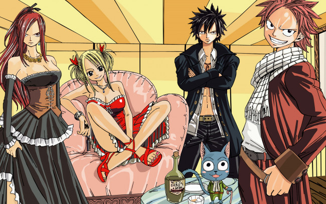 Обои картинки фото аниме, fairy, tail, lucy, heartfilia, natsu, dragneel, gray, fullbuster, erza, scarlet
