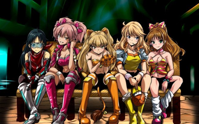 Обои картинки фото аниме, idolm@ster, idolmaster, арт, k2isu, девочки, скамейка, лавка, сидя