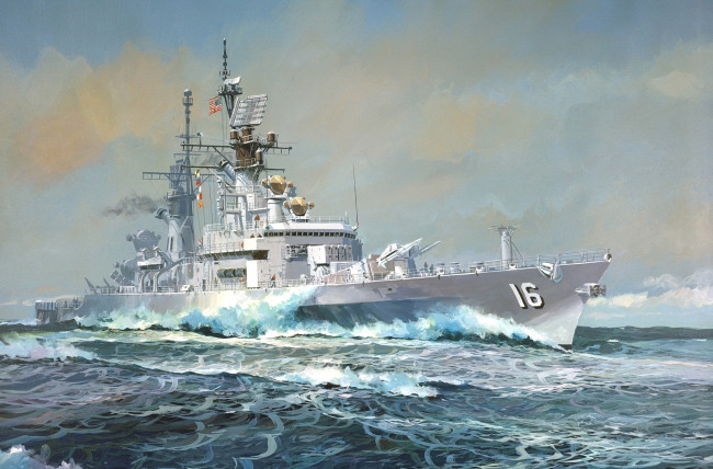 Обои картинки фото корабли, рисованные, небо, море, эсминец, корабль
