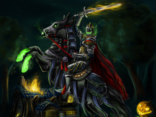 Картинка фэнтези всадники наездники доспехи огонь меч конь тыква плащ дерево хижина