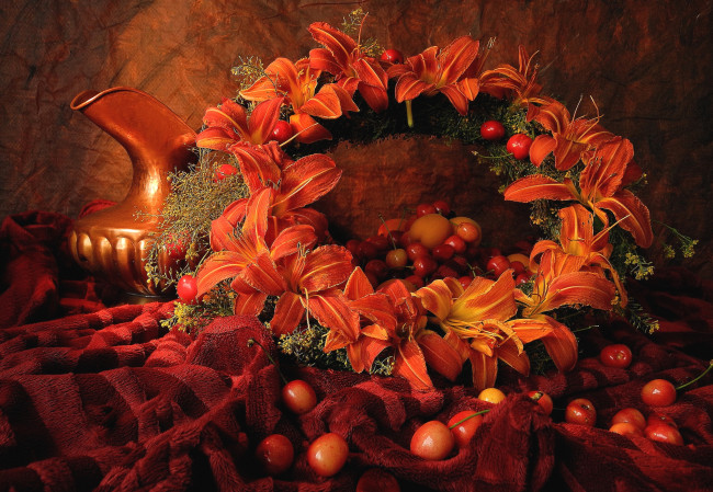 Обои картинки фото еда, натюрморт, абрикосы, черешни, лилейники, венок