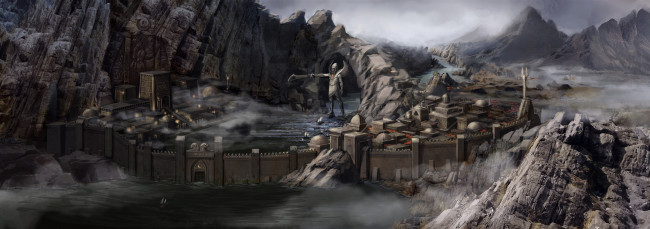 Обои картинки фото фэнтези, иные миры,  иные времена, река, город, горы, панорама, статуя