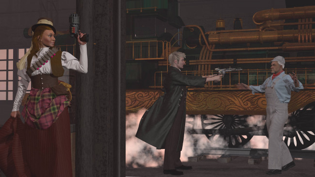 Обои картинки фото 3д графика, люди , people, паровоз, оружие, девушка, мужчины