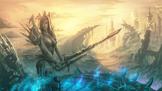 Обои картинки фото фэнтези, девушки, оружие, воительница, девушка