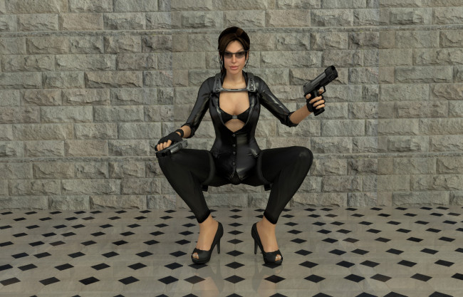 Обои картинки фото 3д графика, люди , people, оружие, девушка, взгляд