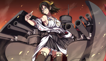 Картинка аниме kantai+collection девушка kancolle sblack арт kantai collection kirishima оружие пушки