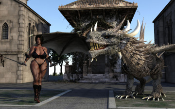 обоя 3д графика, фантазия , fantasy, девушка, дракон, оружие, фон, взгляд