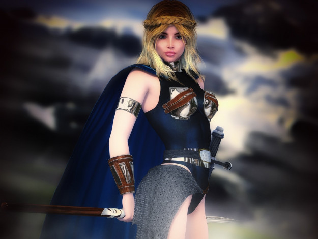 Обои картинки фото 3д графика, фантазия , fantasy, оружие, фон, взгляд, девушка