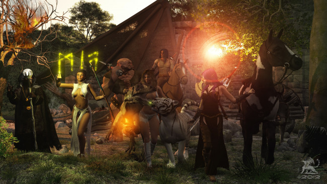 Обои картинки фото 3д графика, фантазия , fantasy, тигр, лошади, люди, маг