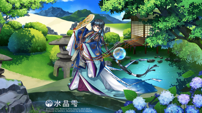 Обои картинки фото аниме, unknown,  другое, арт, kirino, kasumu, suishou, shizuku, природа, девушка, веер, озеро, деревья, горы, цветы