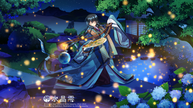 Обои картинки фото аниме, unknown,  другое, suishou, shizuku, девушка, ночь, огоньки, танец, озеро, арт, kirino, kasumu