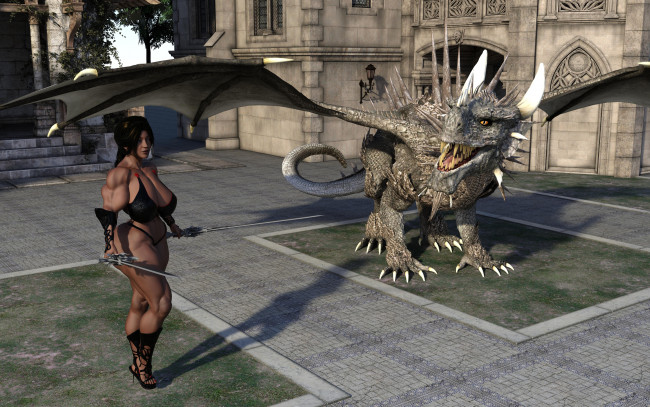 Обои картинки фото 3д графика, фантазия , fantasy, взгляд, девушка, дракон, оружие, фон