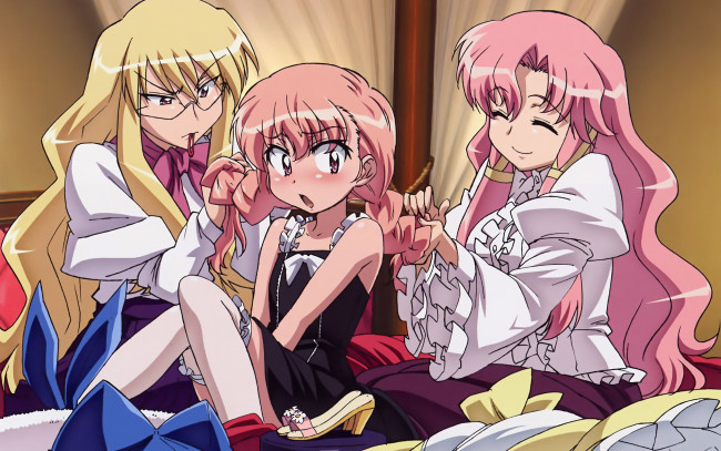 Обои картинки фото аниме, zero no tsukaima, туфли, волосы, девушки, косичка, комната, пижама