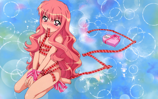 Обои картинки фото zero no tsukaima, аниме, подарок, девушка, лента
