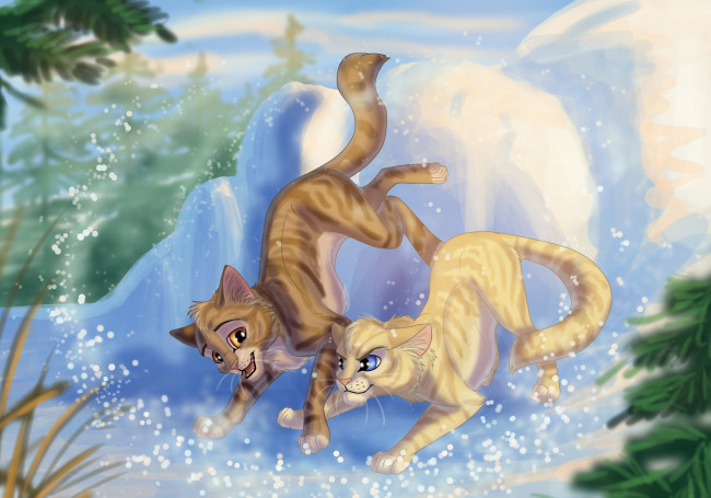 Обои картинки фото рисованное, животные,  коты, коты, снег, игра