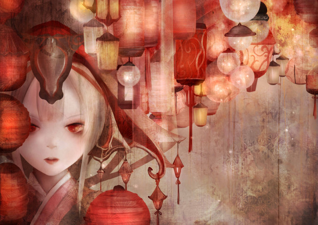 Обои картинки фото аниме, unknown,  другое, zhang, xiao, bo, фонари, девушка, лицо, арт