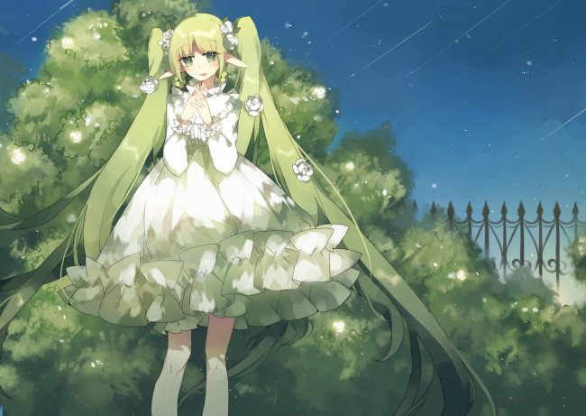 Обои картинки фото аниме, vocaloid, цветы, хвостики, розы, hatsune, miku, платье, эльф, девочка, арт