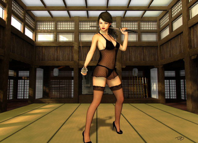 Обои картинки фото 3д графика, люди , people, девушка, взгляд, фон, оружие