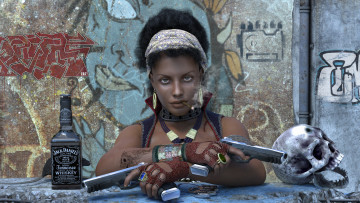 Картинка 3д+графика фантазия+ fantasy взгляд девушка оружие фон