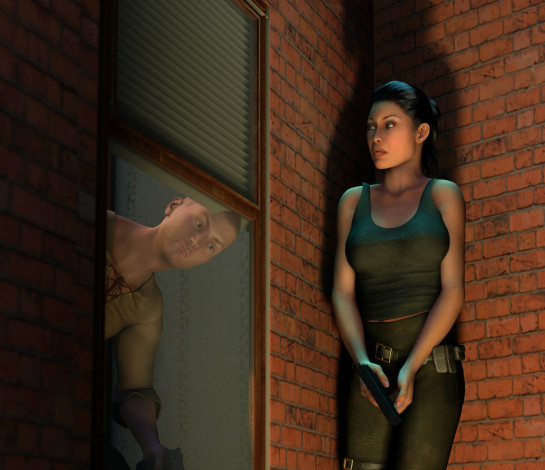 Обои картинки фото 3д графика, фантазия , fantasy, взгляд, оружие, фон, девушка