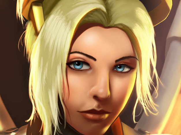 Обои картинки фото видео игры, overwatch, девушка, взгляд, лицо, фон