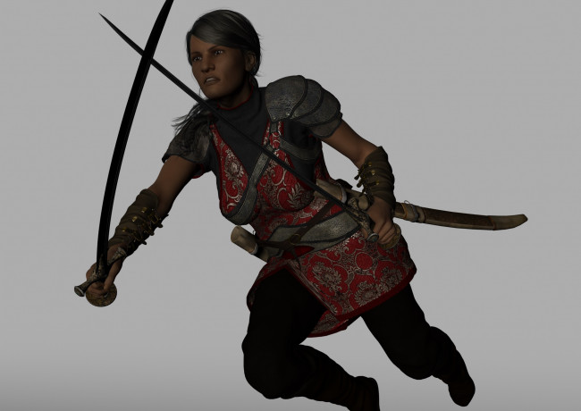 Обои картинки фото 3д графика, фантазия , fantasy, девушка, оружие, фон, взгляд