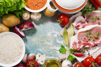 Картинка еда разное рис зелень мясо