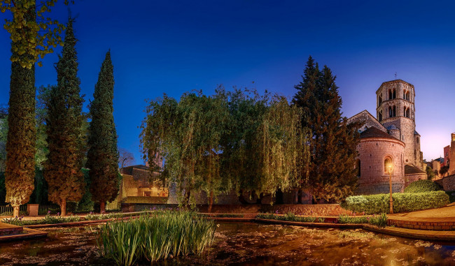 Обои картинки фото города, - дворцы,  замки,  крепости, деревья, пруд, ночь, фонарь