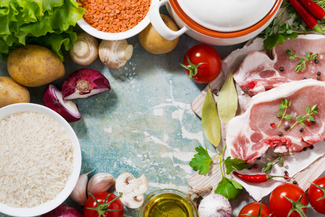 Обои картинки фото еда, разное, рис, зелень, мясо