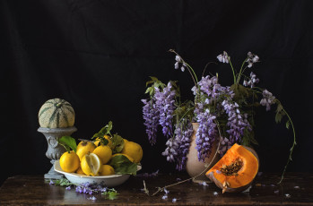 Картинка еда натюрморт тыква глициния дыня лимон