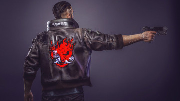 Картинка видео+игры cyberpunk+2077 куртка пистолет парень киборг