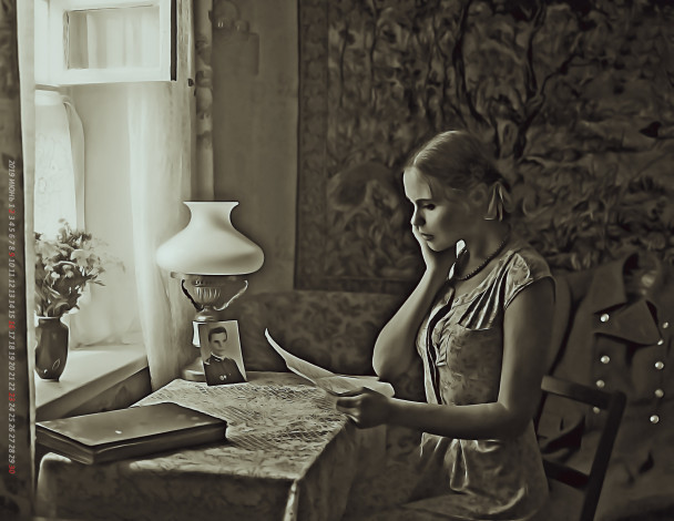 Обои картинки фото календари, компьютерный дизайн, 2019, calendar, женщина, шинель, комната, стол, фотография, письмо, девушка