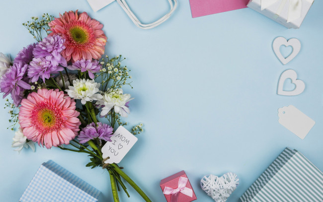 Обои картинки фото праздничные, день матери, признание, сердечки, букет