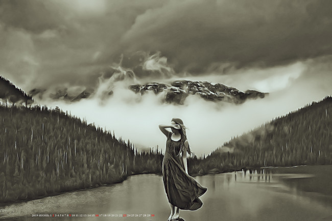 Обои картинки фото календари, компьютерный дизайн, 2019, calendar, природа, дерево, женщина, туман, гора, девушка, водоем