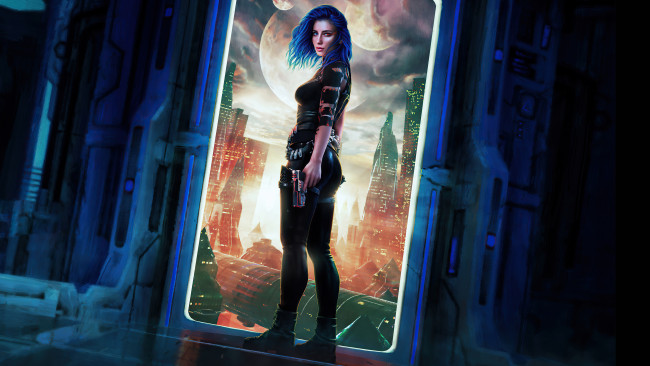 Обои картинки фото фэнтези, фотоарт, синие, волосы, девушка, научная, фантастика, город, оружие, костюм