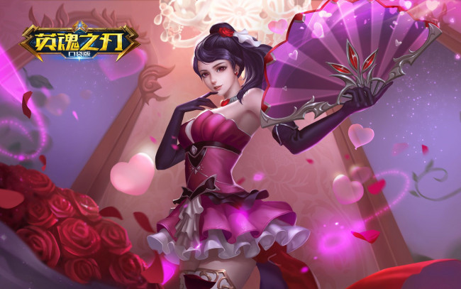 Обои картинки фото видео игры, heroes evolved, девушка, веер, сердечки, розы