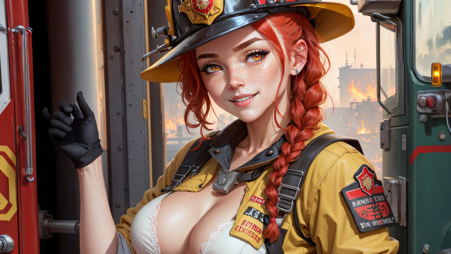 Обои картинки фото рисованное, люди, нейросети, графика, нейроарт, ai, art, нейронные, сети, рисунки, нейро, искусство, девушка, пожарная