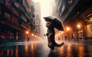 Картинка 3д+графика животные+ animals кот зонт дождь город улица дома
