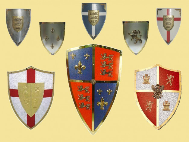 Обои картинки фото набор, щитов, оружие, доспехи