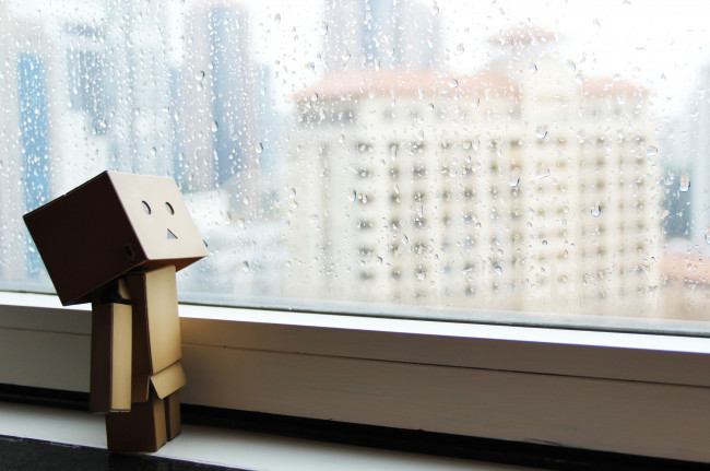 Обои картинки фото разное, данбо, danboard, человечек, окно, дождь
