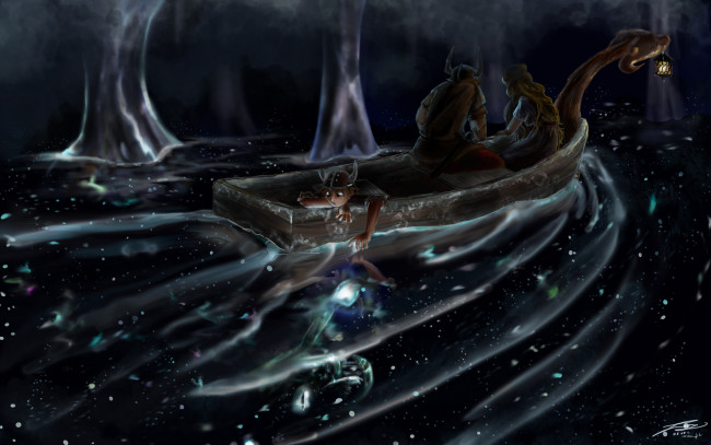 Обои картинки фото фэнтези, люди, небо, лодка, викинг, женщина, ребенок, звезды