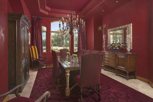 Обои картинки фото интерьер, столовая, красный, стол