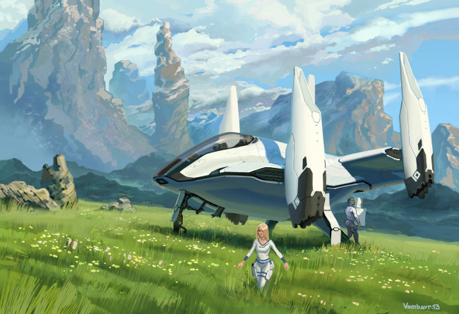 Обои картинки фото фэнтези, транспортные средства, будущее, люди, поляна, скалы, летательный, аппарат