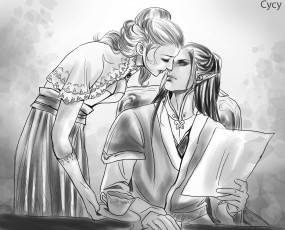 Картинка разное арты девушка пара арт романтика эльф парень чашка брюнет блондинка