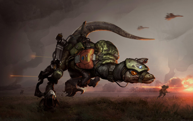 Обои картинки фото фэнтези, существа, spetsnaz, raptor, dinosaur, спецназ, омон, фантастика, война, поле, арт