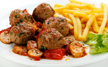 Картинка еда мясные+блюда шампиньоны тефтели фри картофель