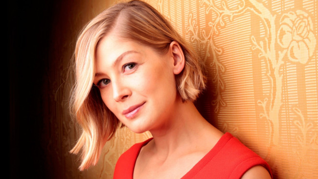 Обои картинки фото девушки, rosamund pike, взгляд, актриса, блондинка, стена, усмешка, розамунд, пайк